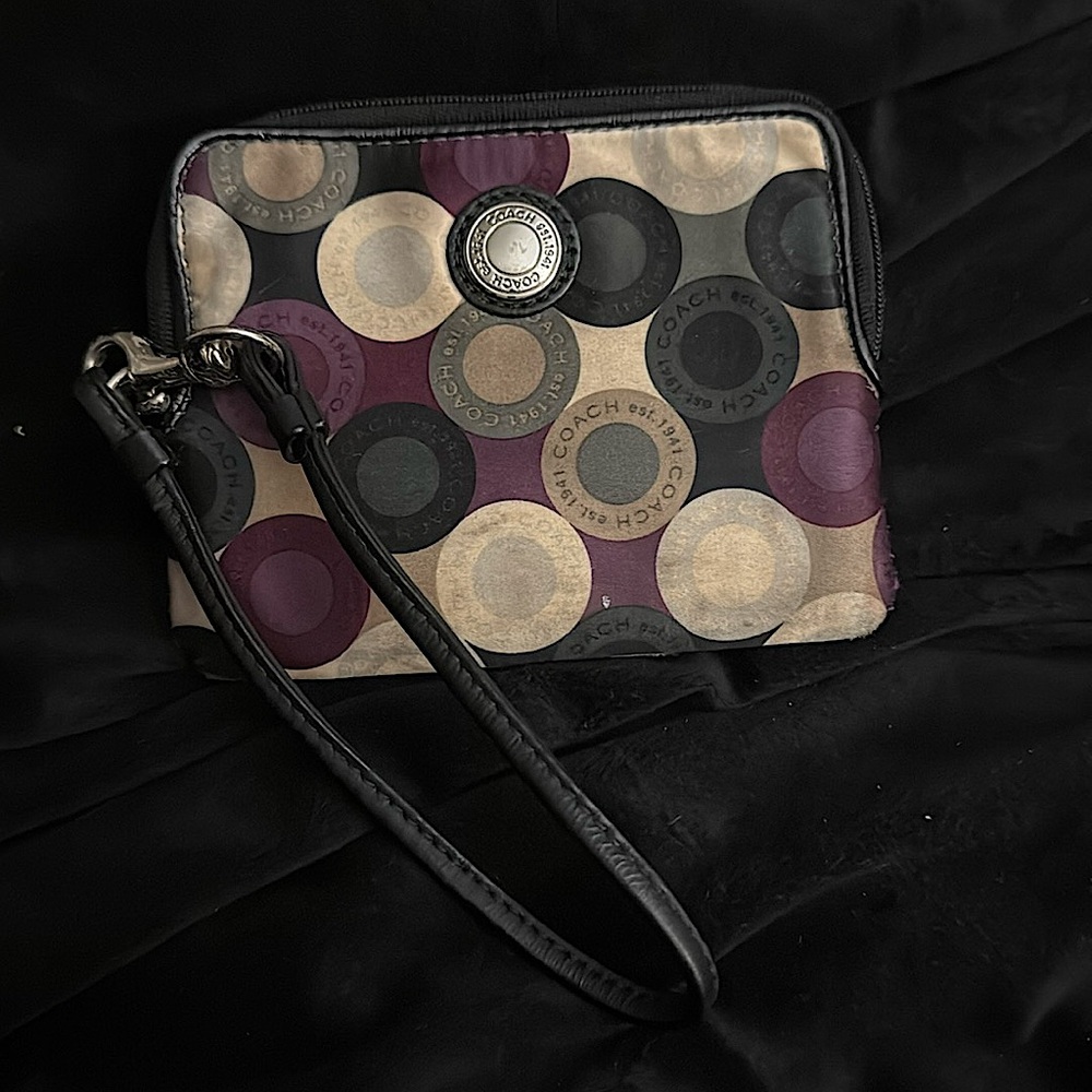 COACH Signature Circles Small Wristlet Satin Patent Leather Trim and Strap